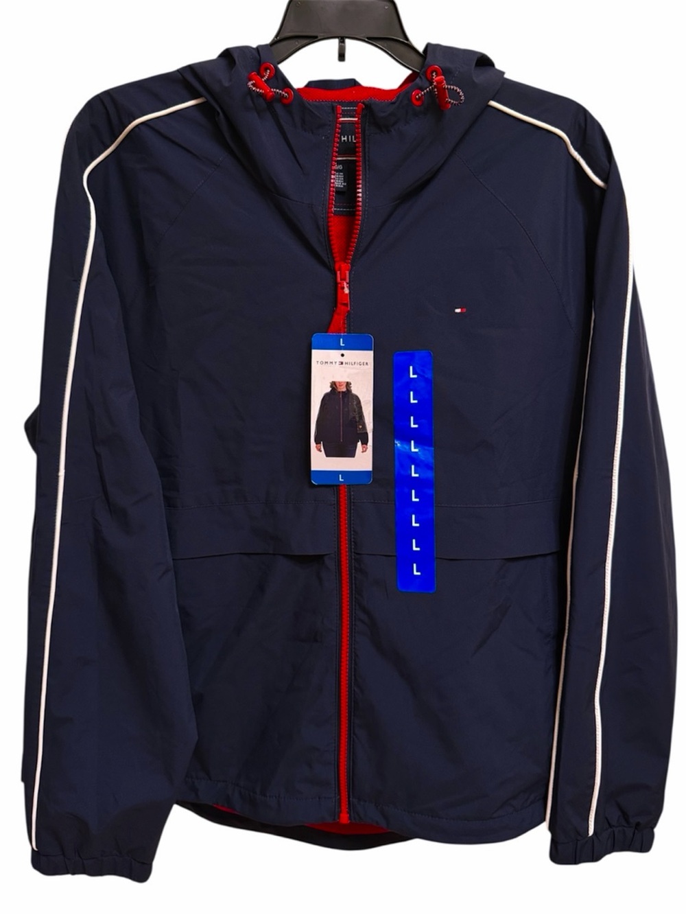 Tommy Hilfiger Navy Windbreaker Jacket with Red Trim and White Piping Size L